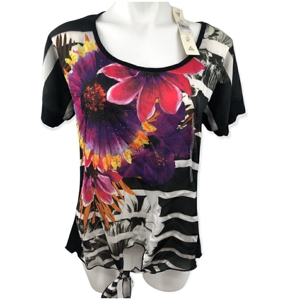 Simply Susie large black striped floral front knot top